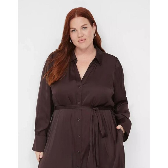 NEW LANE BRYANT CHOCOLATE BROWN BELTED SATIN BUTTON-DOWN SHIRT DRESS SZ 18 - Picture 2 of 8